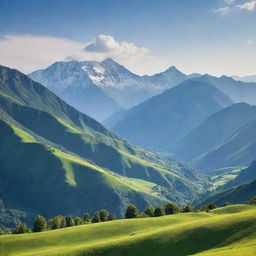 A beautiful landscape view of majestic mountains under a clear sky with lush green valley in the foreground.