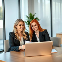 A professional blonde lady and a redhead lady seated at a modern office desk, both exuding a sense of contentment and achievement