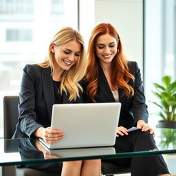 A professional blonde lady and a redhead lady seated at a modern office desk, both exuding a sense of contentment and achievement