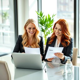 A professional blonde lady and a redhead lady seated at a modern office desk, both exuding a sense of contentment and achievement