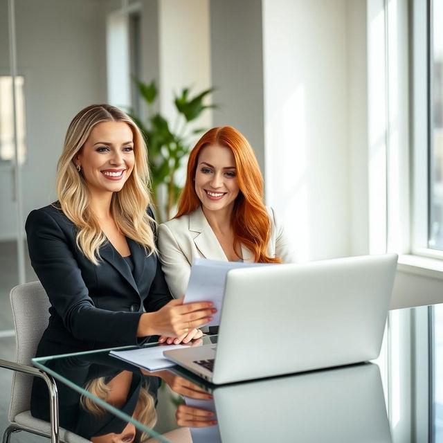 A professional blonde lady and a redhead lady seated at a modern office desk, both exuding a sense of contentment and achievement