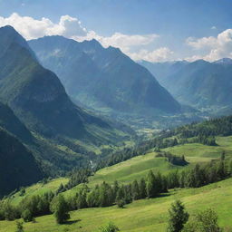 A beautiful landscape view of majestic mountains under a clear sky with lush green valley in the foreground.