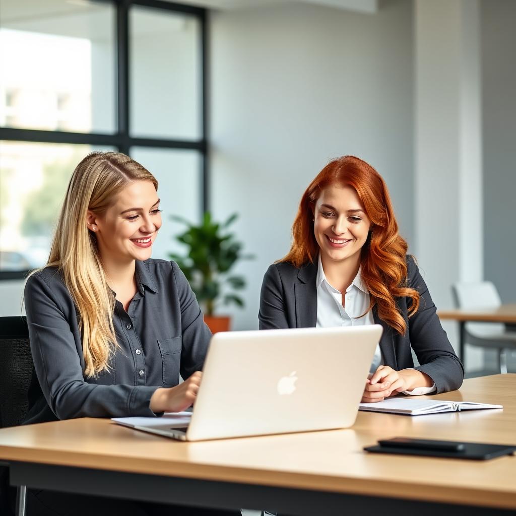 A professional blonde lady and a redhead lady seated at a modern office desk, both looking content and pleased