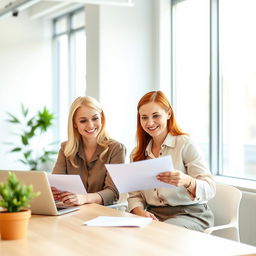 A professional blonde lady and a redhead lady seated at a modern office desk, both looking content and pleased