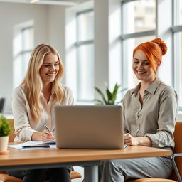 A professional blonde lady and a redhead lady seated at a modern office desk, both looking content and pleased