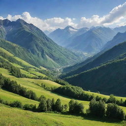 A beautiful landscape view of majestic mountains under a clear sky with lush green valley in the foreground.