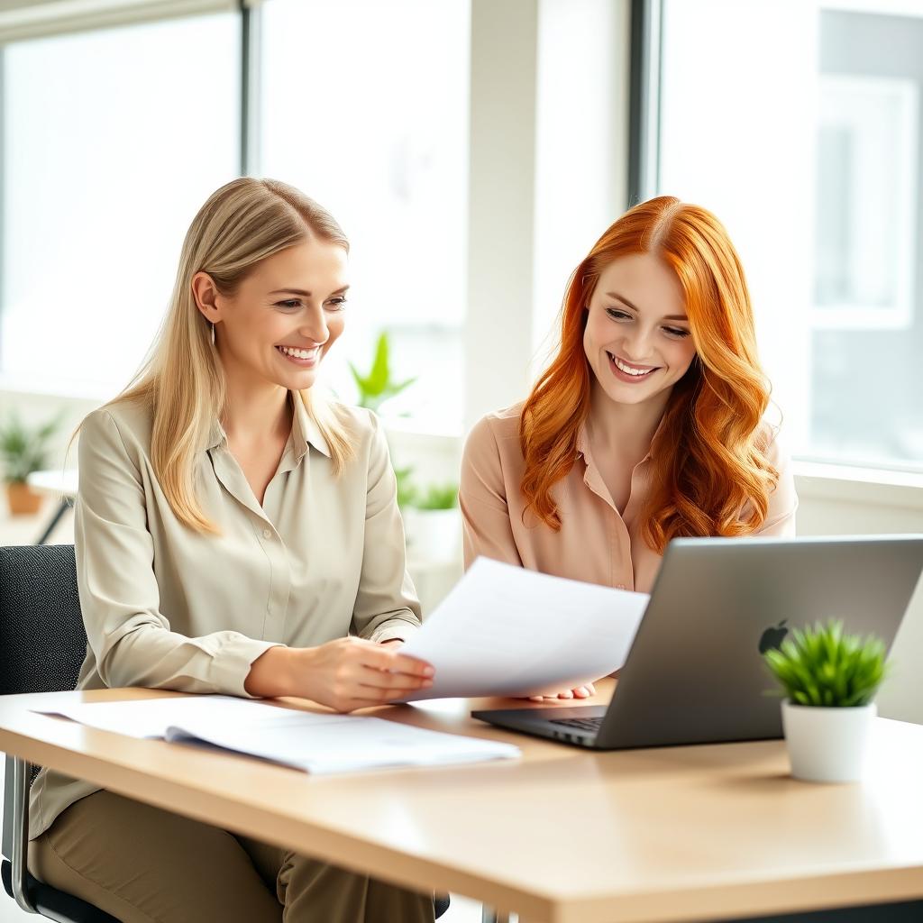 A professional blonde lady and a redhead lady seated at a modern office desk, both looking content and pleased