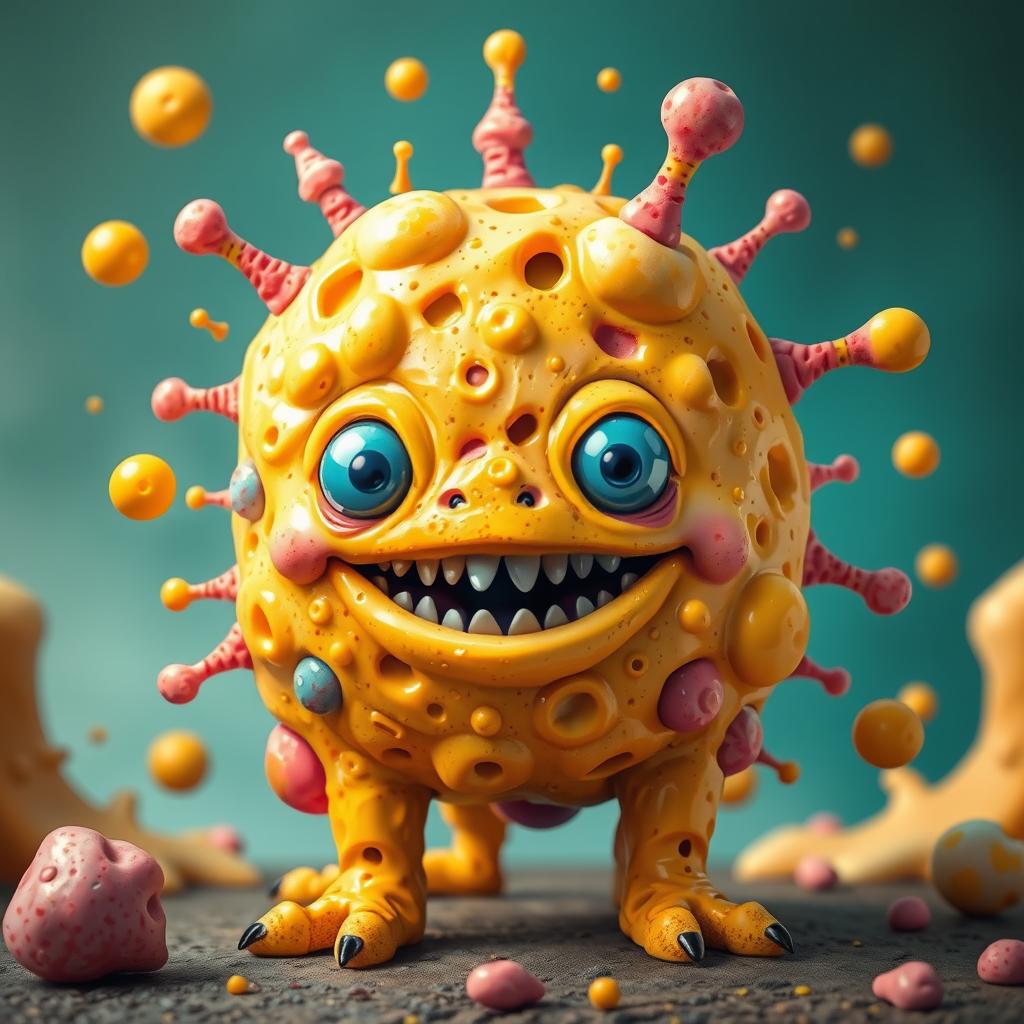 A vibrant and humorous depiction of a bizarre fusion creature, combining elements of playful nonsense inspired by "Skibidi" energy with abstract cheese-like textures and comically exaggerated features