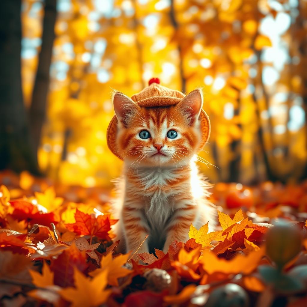 A cute, cheerful red kitten wearing a beautiful hat sits playfully in an autumn forest, surrounded by bright, vibrant autumn leaves