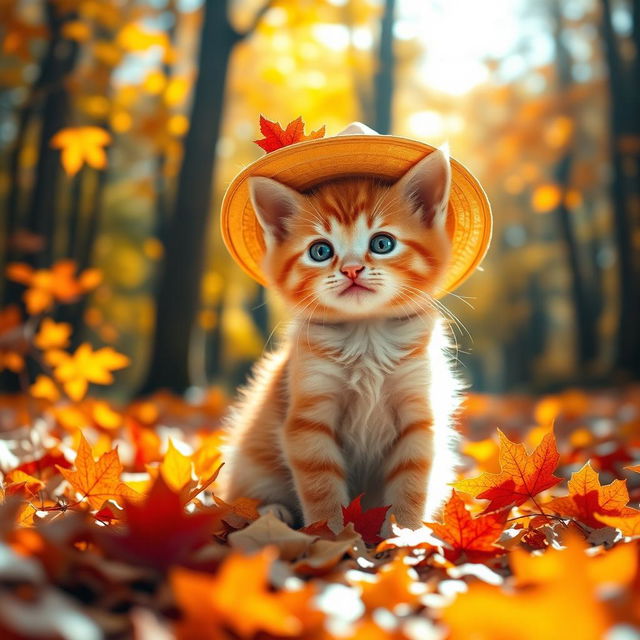 A cute, cheerful red kitten wearing a beautiful hat sits playfully in an autumn forest, surrounded by bright, vibrant autumn leaves