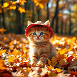 A cute, cheerful red kitten wearing a beautiful hat sits playfully in an autumn forest, surrounded by bright, vibrant autumn leaves