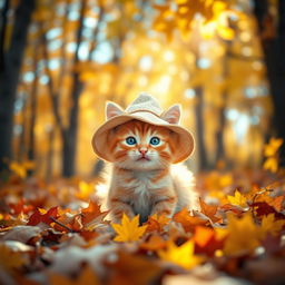 A cute, cheerful red kitten wearing a beautiful hat sits playfully in an autumn forest, surrounded by bright, vibrant autumn leaves