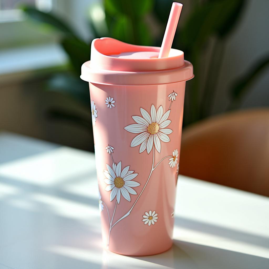 A beautiful pink tumbler with a matching lid and straw, adorned with delicate white flower details