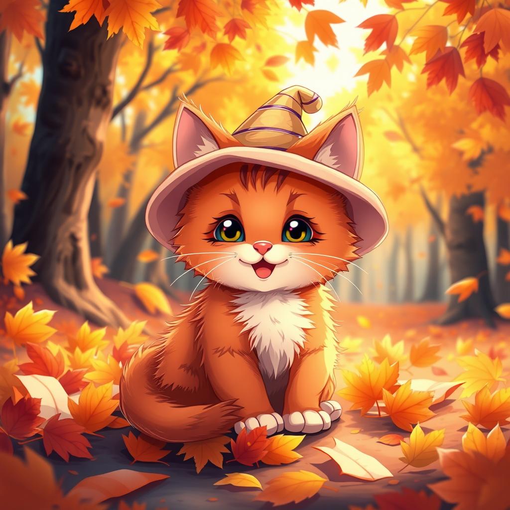 An illustrated scene featuring a cute, cheerful red kitten with a beautiful hat sitting in an autumn forest, surrounded by bright, colorful leaves