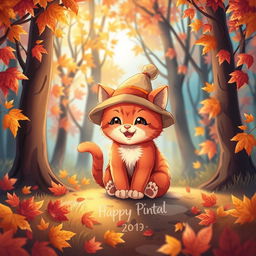 An illustrated scene featuring a cute, cheerful red kitten with a beautiful hat sitting in an autumn forest, surrounded by bright, colorful leaves