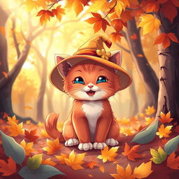 An illustrated scene featuring a cute, cheerful red kitten with a beautiful hat sitting in an autumn forest, surrounded by bright, colorful leaves