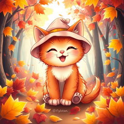 An illustrated scene featuring a cute, cheerful red kitten with a beautiful hat sitting in an autumn forest, surrounded by bright, colorful leaves