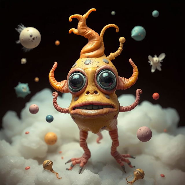 A surreal and abstract representation of a unique and bizarre creature known as the 'Skibidi Poop Dick Cheese Species