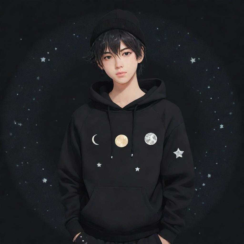 An anime-style boy with messy hair, wearing a black hoodie, black pants adorned with small moon patterns, and a warm hat featuring a star in the center.