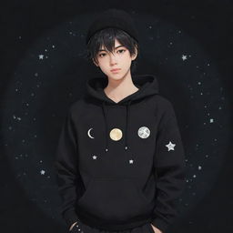 An anime-style boy with messy hair, wearing a black hoodie, black pants adorned with small moon patterns, and a warm hat featuring a star in the center.