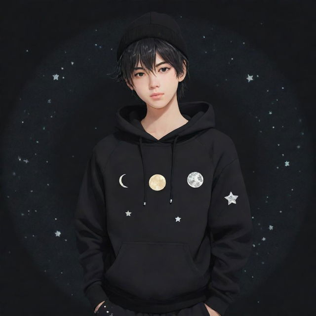 An anime-style boy with messy hair, wearing a black hoodie, black pants adorned with small moon patterns, and a warm hat featuring a star in the center.