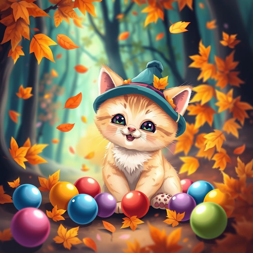 A cute and cheerful kitten wearing a beautiful hat, sitting among vibrant autumn leaves in a brightly lit forest