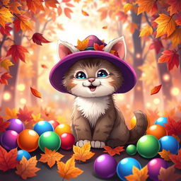 A cute and cheerful kitten wearing a beautiful hat, sitting among vibrant autumn leaves in a brightly lit forest