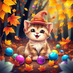 A cute and cheerful kitten wearing a beautiful hat, sitting among vibrant autumn leaves in a brightly lit forest