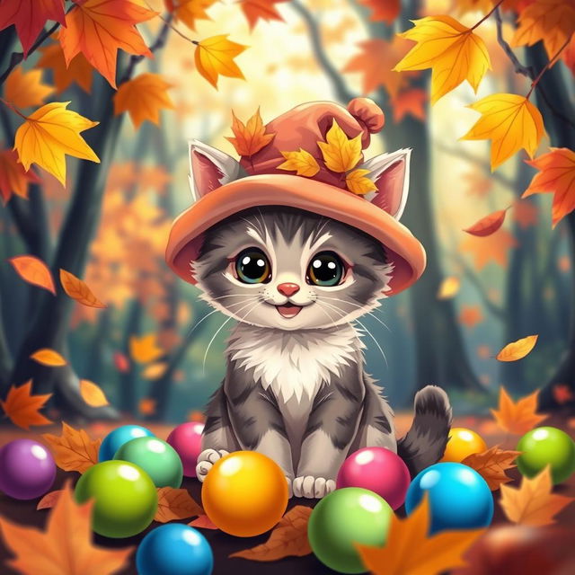 A cute and cheerful kitten wearing a beautiful hat, sitting among vibrant autumn leaves in a brightly lit forest