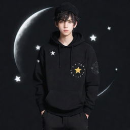 An anime-style boy with messy hair, wearing a black hoodie, black pants adorned with small moon patterns, and a warm hat featuring a star in the center.