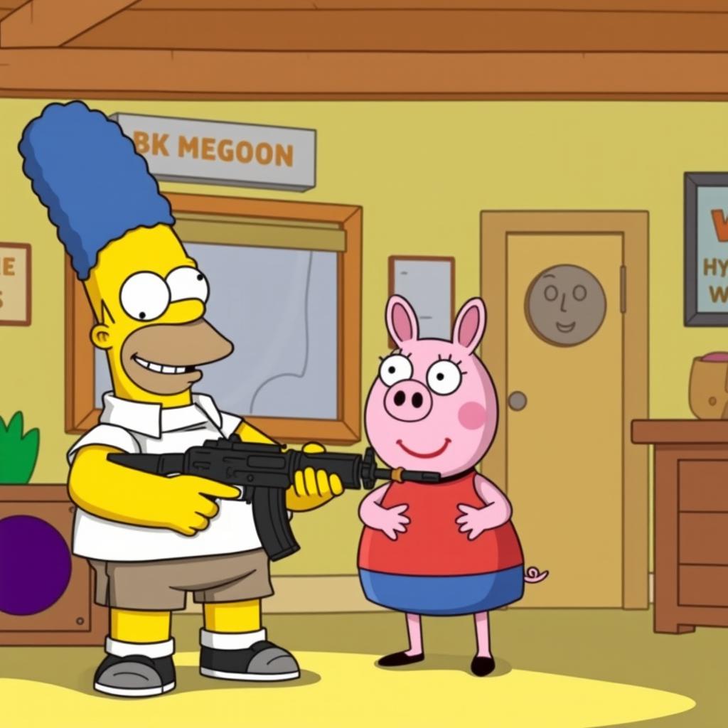 A cartoon-style scene featuring Homer Simpson in his iconic casual outfit holding an AK-47 with a playful and mischievous expression