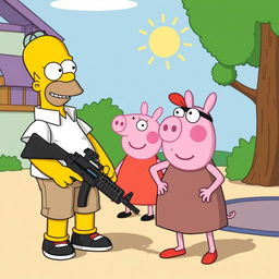 A cartoon-style scene featuring Homer Simpson in his iconic casual outfit holding an AK-47 with a playful and mischievous expression