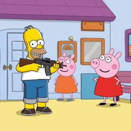 A cartoon-style scene featuring Homer Simpson in his iconic casual outfit holding an AK-47 with a playful and mischievous expression