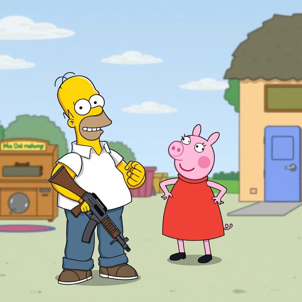 A cartoon-style scene featuring Homer Simpson in his iconic casual outfit holding an AK-47 with a playful and mischievous expression