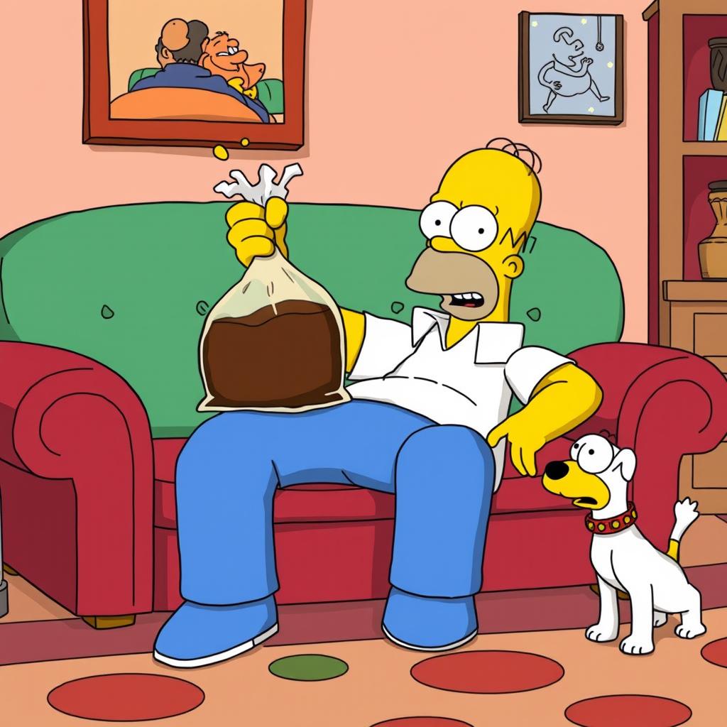 Homer Simpson sitting on the iconic Simpsons couch, wearing his usual white shirt and blue pants, with a grossed-out expression on his face as he dramatically reacts to holding a bag of foul-smelling brown mystery substance