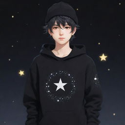 An anime-style boy with messy hair, wearing a black hoodie, black pants adorned with small moon patterns, and a warm hat featuring a star in the center.