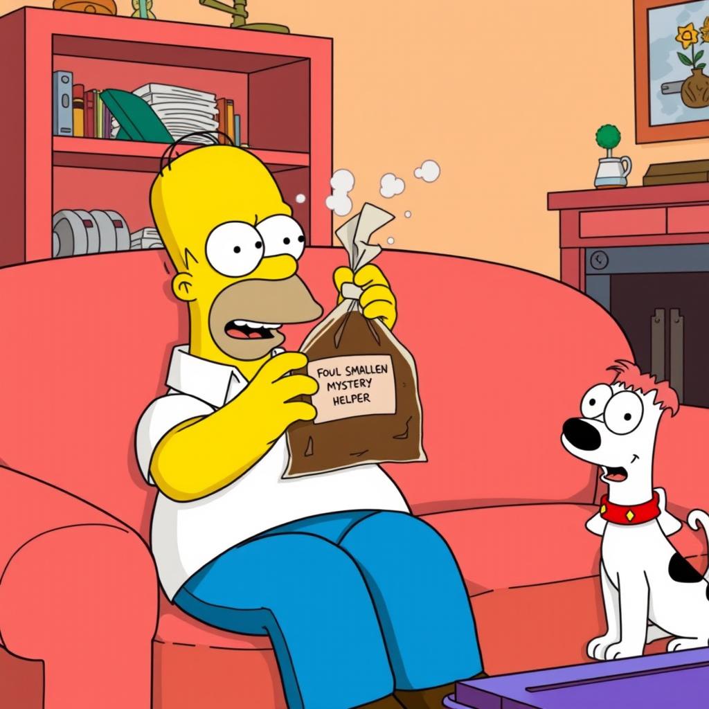 Homer Simpson sitting on the iconic Simpsons couch, wearing his usual white shirt and blue pants, with a grossed-out expression on his face as he dramatically reacts to holding a bag of foul-smelling brown mystery substance