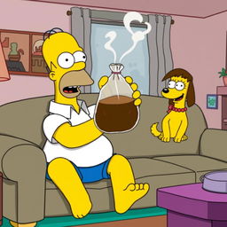 Homer Simpson sitting on the iconic Simpsons couch, wearing his usual white shirt and blue pants, with a grossed-out expression on his face as he dramatically reacts to holding a bag of foul-smelling brown mystery substance