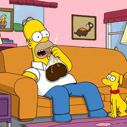 Homer Simpson sitting on the iconic Simpsons couch, wearing his usual white shirt and blue pants, with a grossed-out expression on his face as he dramatically reacts to holding a bag of foul-smelling brown mystery substance