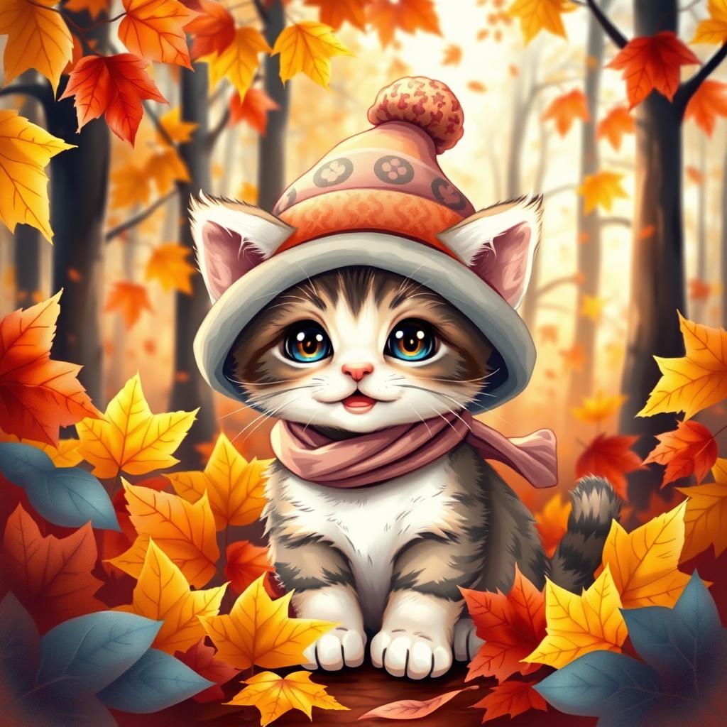 A cute and cheerful kitten wearing a beautiful hat with a bubo and a scarf, sitting among vibrant autumn leaves in a lightly lit forest