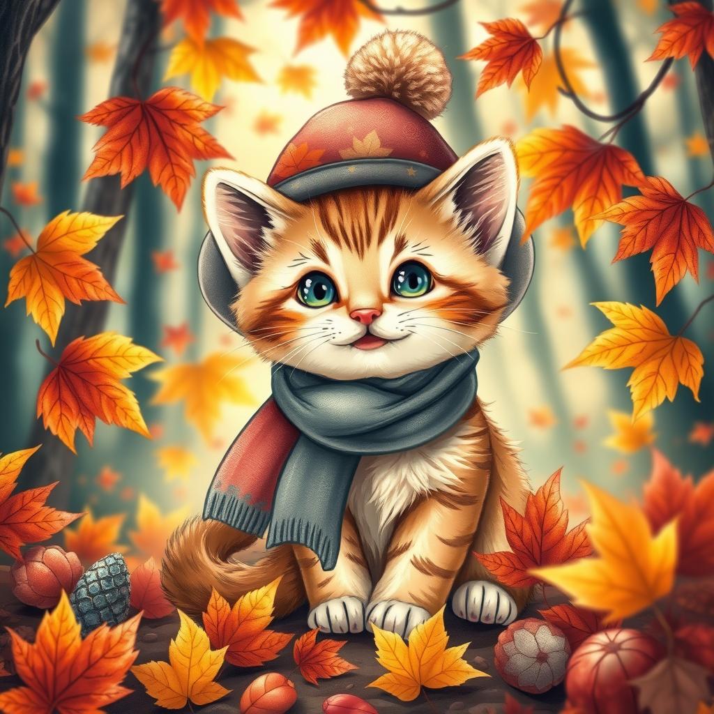 A cute and cheerful kitten wearing a beautiful hat with a bubo and a scarf, sitting among vibrant autumn leaves in a lightly lit forest