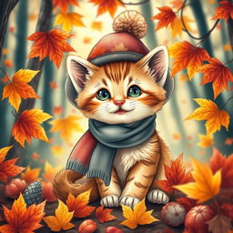 A cute and cheerful kitten wearing a beautiful hat with a bubo and a scarf, sitting among vibrant autumn leaves in a lightly lit forest