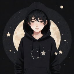 An anime-style boy with messy hair, wearing a black hoodie, black pants adorned with small moon patterns, and a warm hat featuring a star in the center.