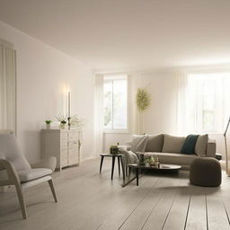 An elegantly decorated flat with minimalistic, modern furniture, highlighting soothing colors and clean lines