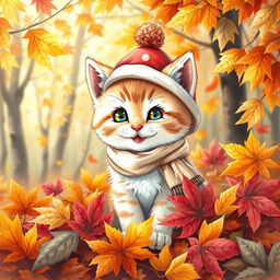 A cute and cheerful kitten wearing a beautiful hat with a bubo and a scarf, sitting among vibrant autumn leaves in a lightly lit forest