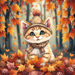 A cute and cheerful kitten wearing a beautiful hat with a bubo and a scarf, sitting among vibrant autumn leaves in a lightly lit forest