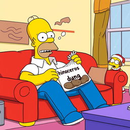 Homer Simpson sitting on the iconic Simpsons couch, wearing his usual white shirt and blue pants, with a disgusted and comical expression on his face as he reacts to the realization that he's holding a bag labeled 'rhinoceros dung'