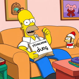 Homer Simpson sitting on the iconic Simpsons couch, wearing his usual white shirt and blue pants, with a disgusted and comical expression on his face as he reacts to the realization that he's holding a bag labeled 'rhinoceros dung'