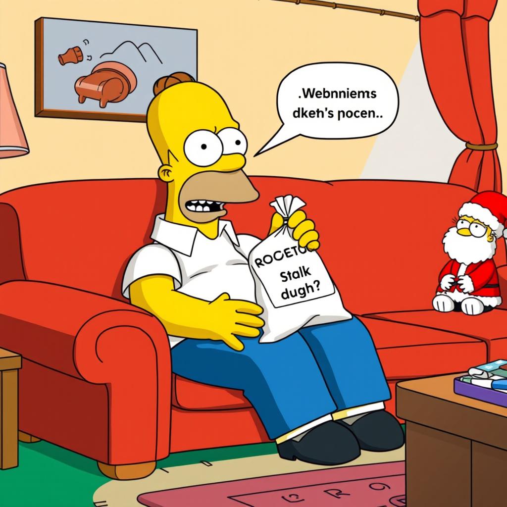 Homer Simpson sitting on the iconic Simpsons couch, wearing his usual white shirt and blue pants, with a disgusted and comical expression on his face as he reacts to the realization that he's holding a bag labeled 'rhinoceros dung'