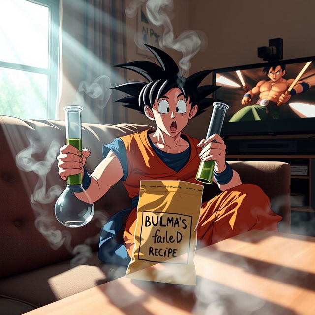 Goku sitting on the couch, casually holding a bong in one hand